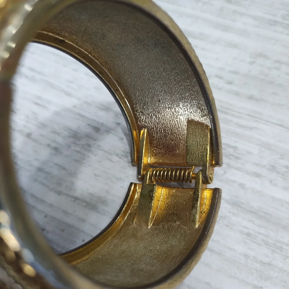 Elegant Gold Tone and Creamy Pearl Colored Clamper Hinged Cuff Bracelet